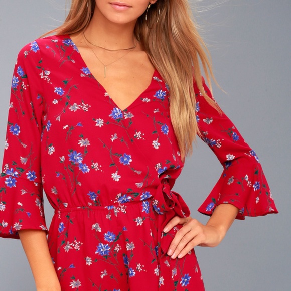 Bronwen Red Floral Print Flounce Sleeve Romper - Picture 4 of 8
